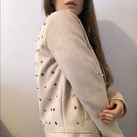 Zara Pastel Pink Faux Suede Studded Jacket Size S Collarless - Picture 9 of 14